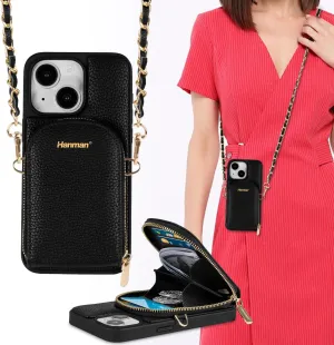 Crossbody Wallet Case for iPhone 13, RFID Blocking PU Leather Zipper Handbag Purse Cover, Suitable for iPhone 13, Black