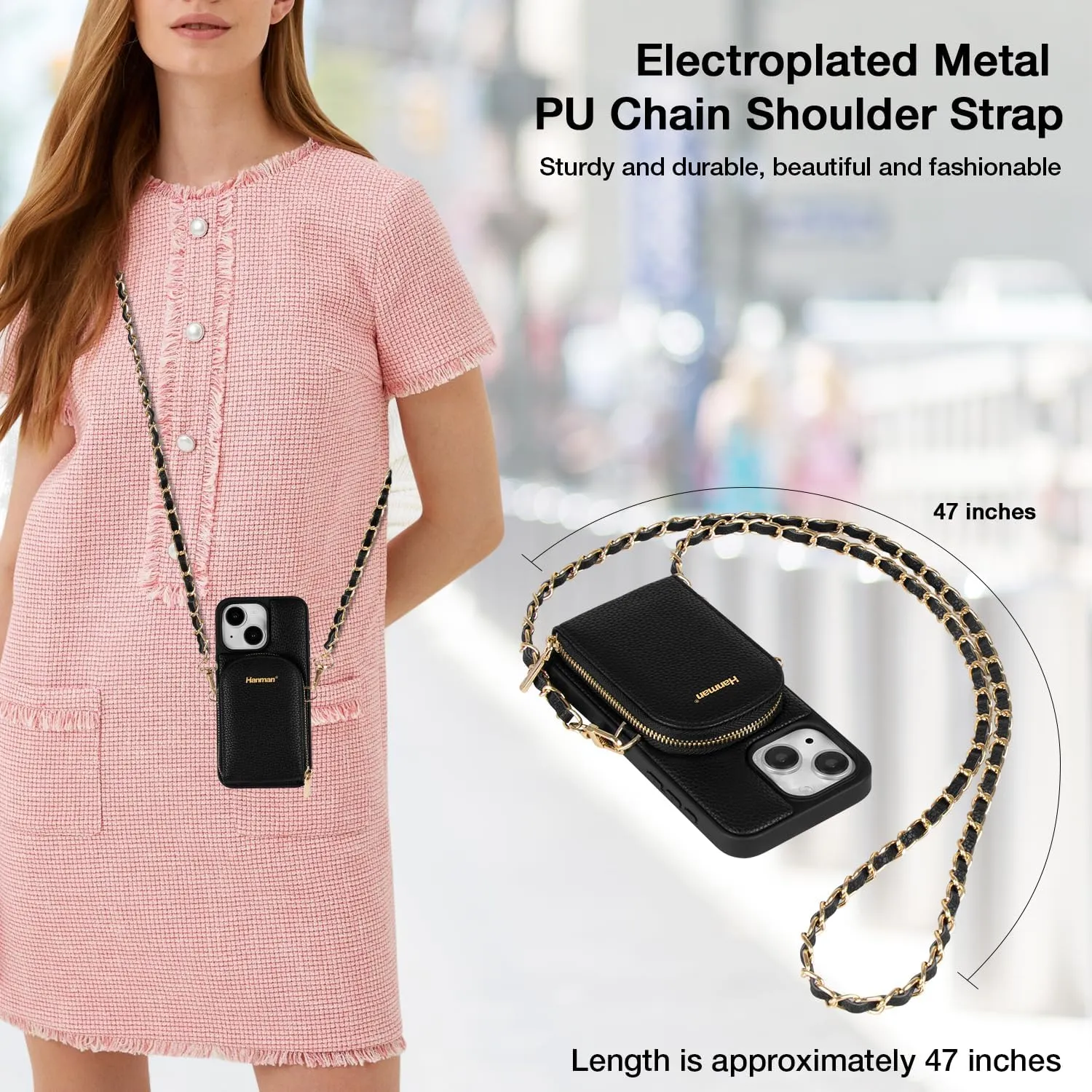 Crossbody Wallet Case for iPhone 13, RFID Blocking PU Leather Zipper Handbag Purse Cover, Suitable for iPhone 13, Black