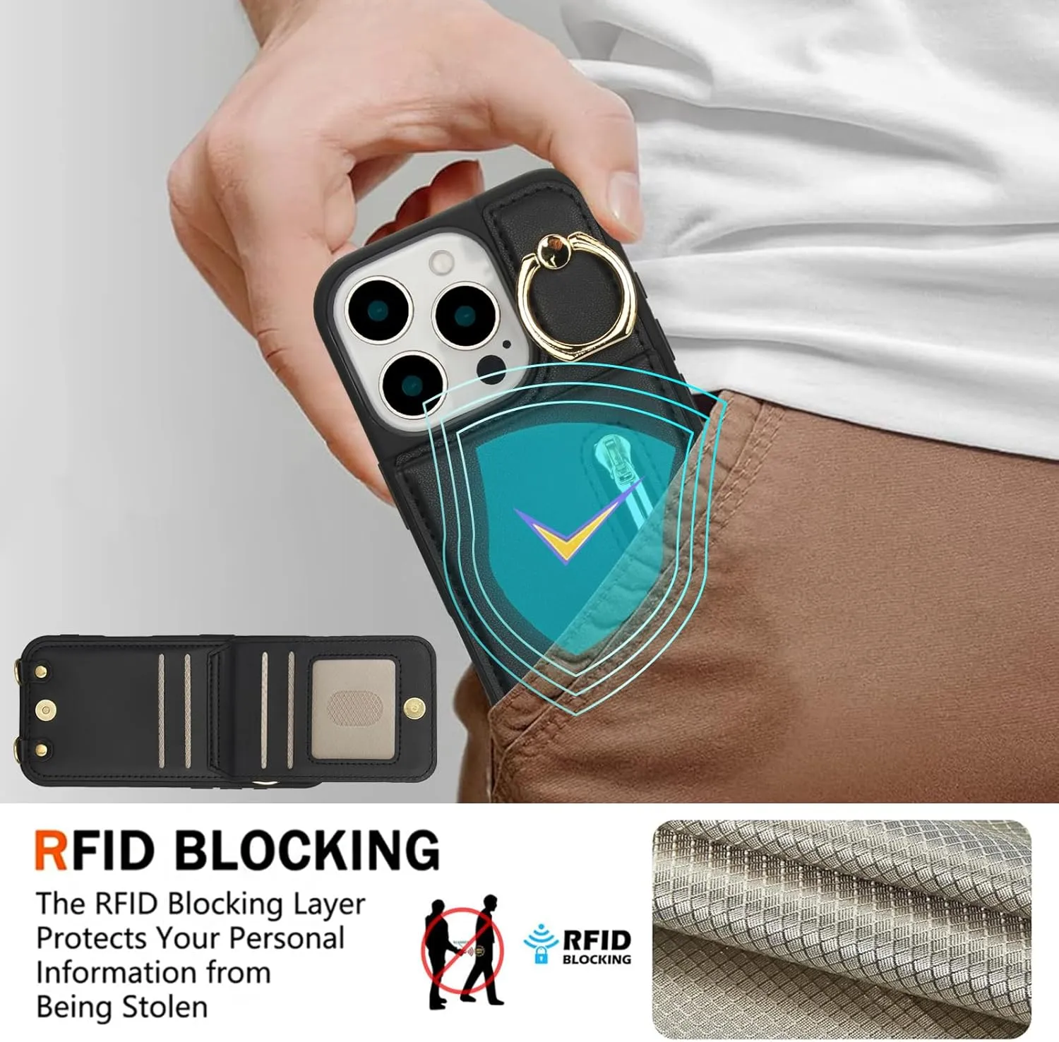 Crossbody Wallet Case for iPhone 14 Pro with Lanyard Strap Card Slot Holder RFID Blocking 360° Ring Kickstand,Magnetic Flip Folio Zipper Purse Case, PU Leather Cover Handbag,Black