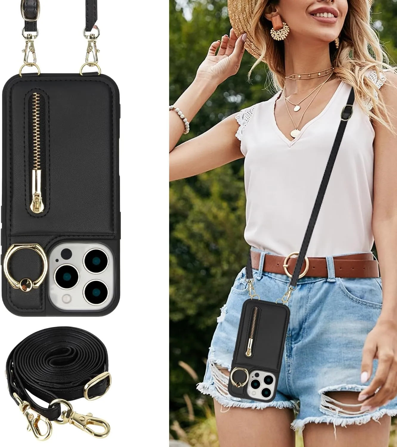 Crossbody Wallet Case for iPhone 14 Pro with Lanyard Strap Card Slot Holder RFID Blocking 360° Ring Kickstand,Magnetic Flip Folio Zipper Purse Case, PU Leather Cover Handbag,Black