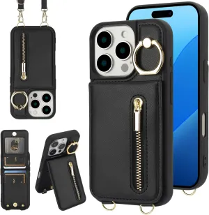 Crossbody Wallet Case for iPhone 14 Pro with Lanyard Strap Card Slot Holder RFID Blocking 360° Ring Kickstand,Magnetic Flip Folio Zipper Purse Case, PU Leather Cover Handbag,Black