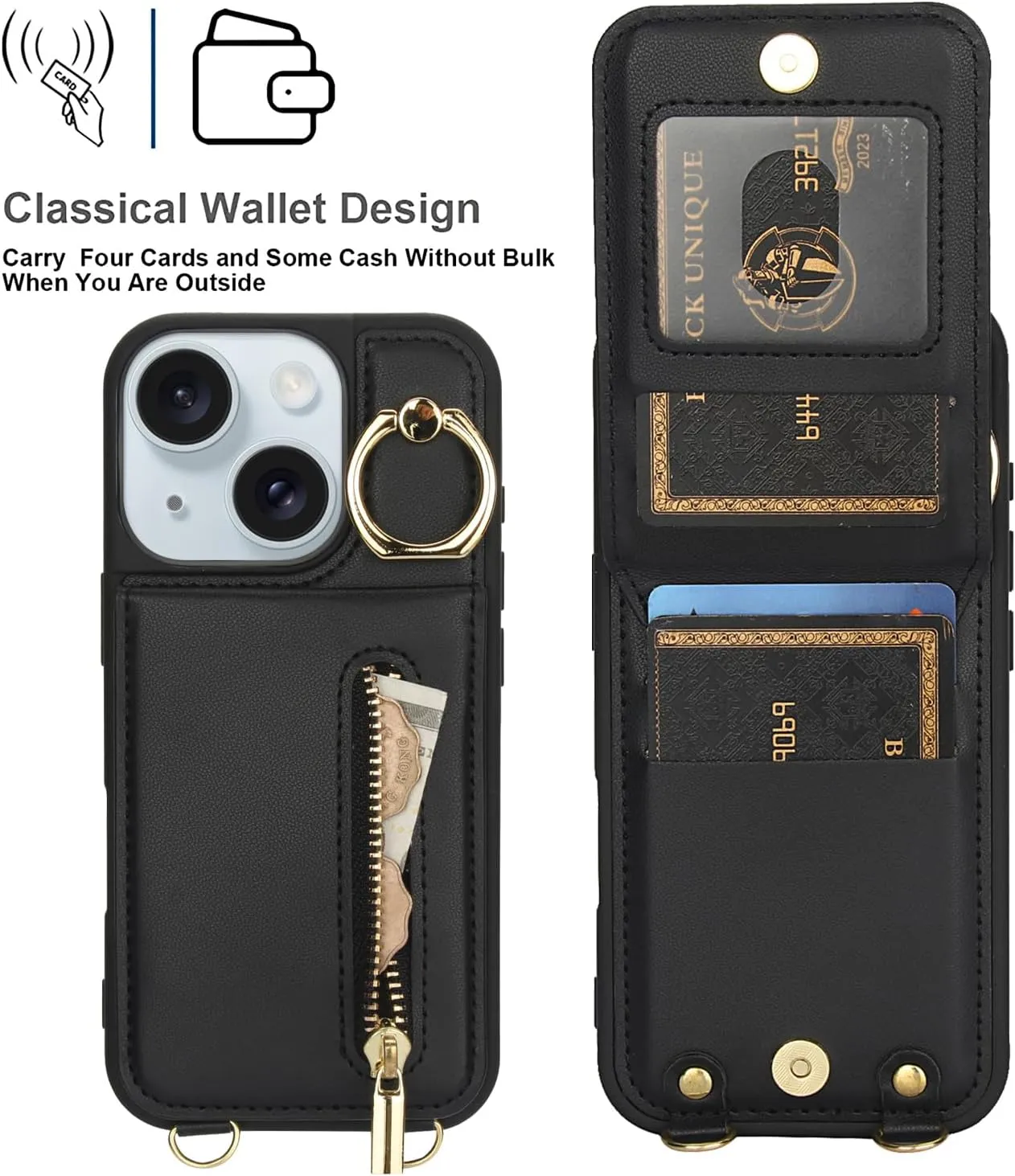 Crossbody Wallet Case for iPhone 14 Pro with Lanyard Strap Card Slot Holder RFID Blocking 360° Ring Kickstand,Magnetic Flip Folio Zipper Purse Case, PU Leather Cover Handbag,Black
