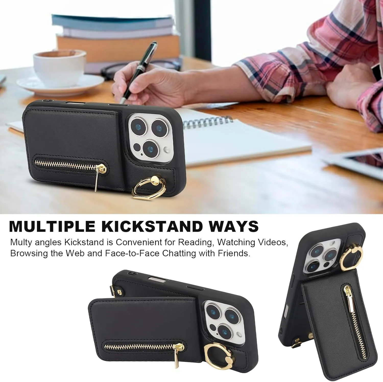 Crossbody Wallet Case for iPhone 14 Pro with Lanyard Strap Card Slot Holder RFID Blocking 360° Ring Kickstand,Magnetic Flip Folio Zipper Purse Case, PU Leather Cover Handbag,Black