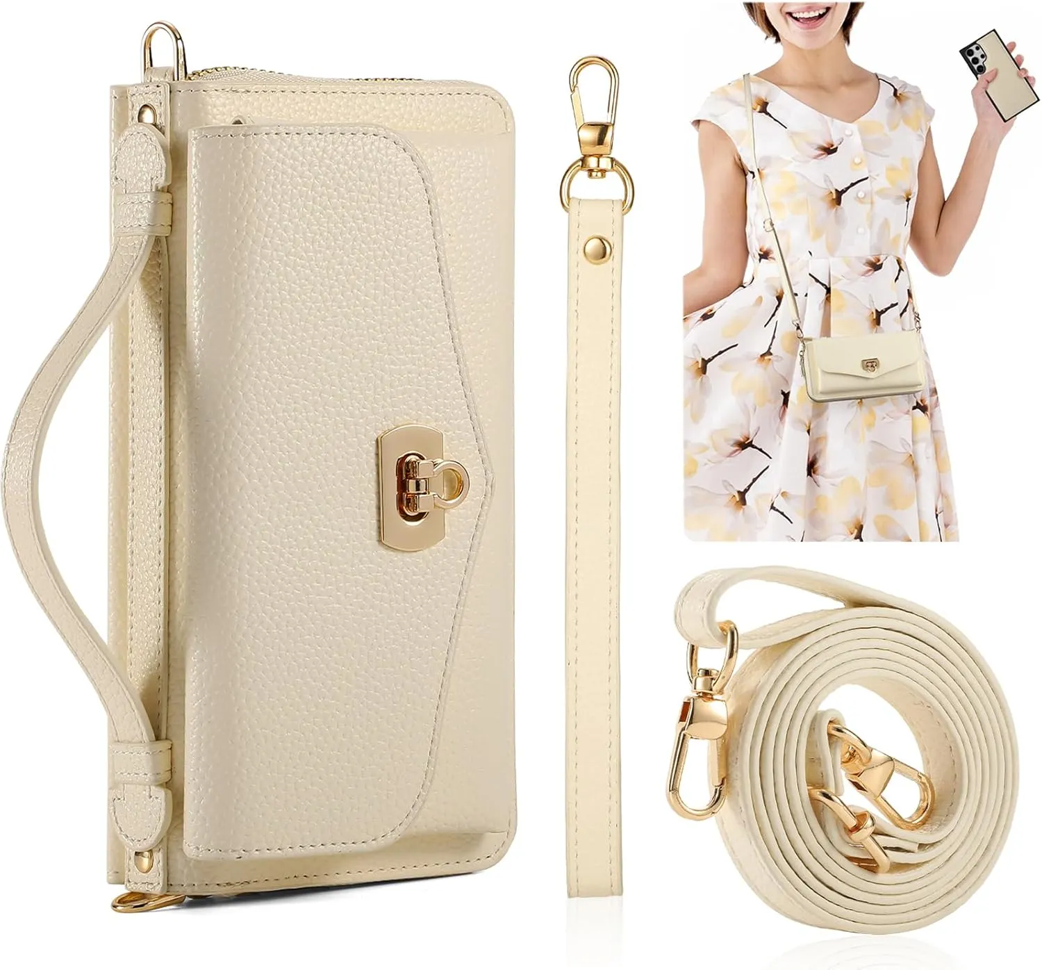 Crossbody Wallet Case for Samsung Galaxy S25 Ultra, Magnetic Detachable Floral PU Leather Phone Case RFID Blocking Card Holder Wristlet Mirror Flip Zipper Shoulder Purse Bag for Women, Beige