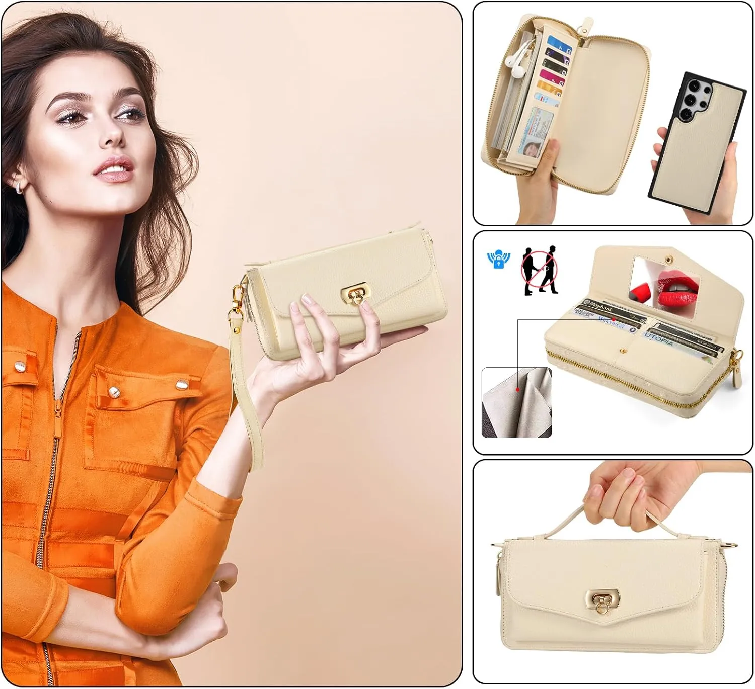 Crossbody Wallet Case for Samsung Galaxy S25 Ultra, Magnetic Detachable Floral PU Leather Phone Case RFID Blocking Card Holder Wristlet Mirror Flip Zipper Shoulder Purse Bag for Women, Beige