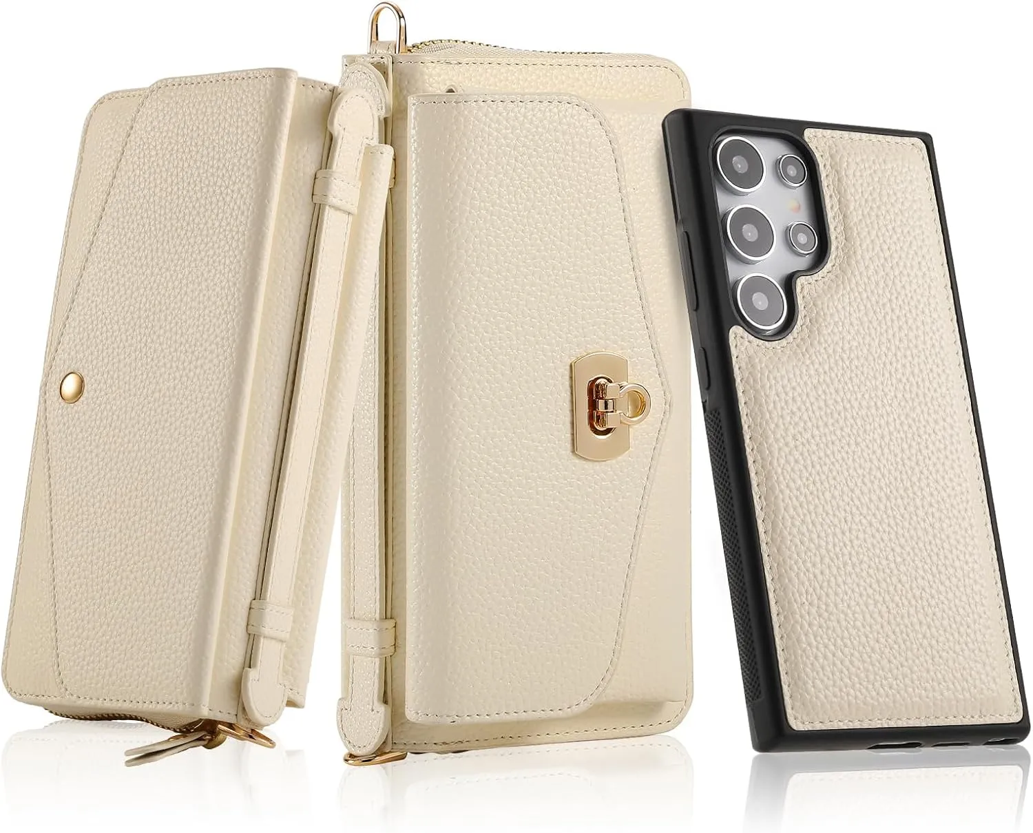 Crossbody Wallet Case for Samsung Galaxy S25 Ultra, Magnetic Detachable Floral PU Leather Phone Case RFID Blocking Card Holder Wristlet Mirror Flip Zipper Shoulder Purse Bag for Women, Beige