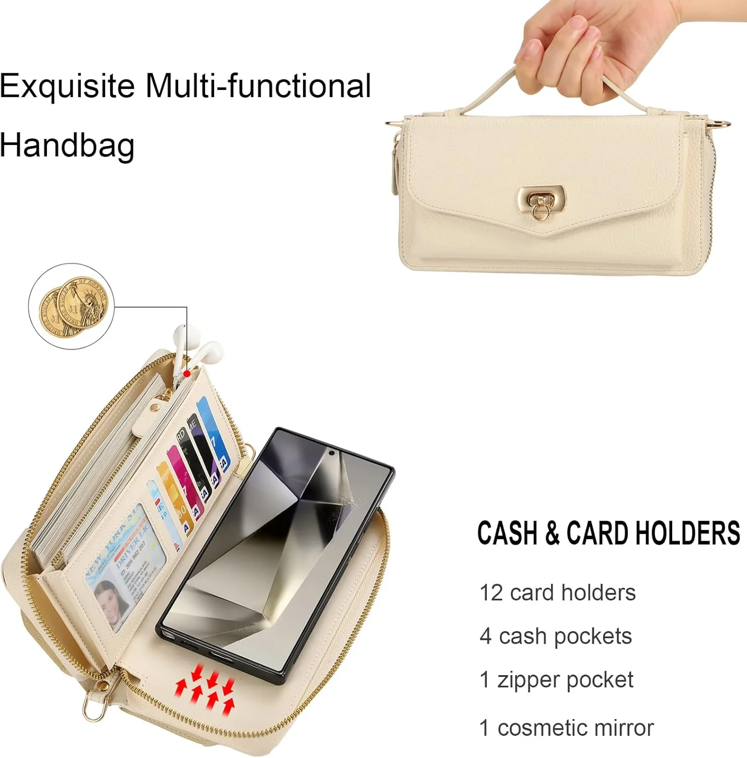 Crossbody Wallet Case for Samsung Galaxy S25 Ultra, Magnetic Detachable Floral PU Leather Phone Case RFID Blocking Card Holder Wristlet Mirror Flip Zipper Shoulder Purse Bag for Women, Beige