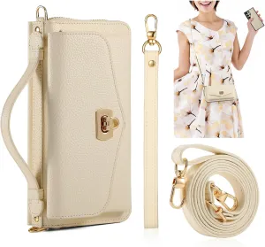 Crossbody Wallet Case for Samsung Galaxy S25 Ultra, Magnetic Detachable Floral PU Leather Phone Case RFID Blocking Card Holder Wristlet Mirror Flip Zipper Shoulder Purse Bag for Women, Beige