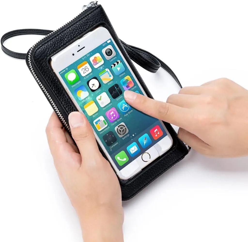 Crossbody Wallet Cell Phone Purse for Women Touch Screen Genuine Leather Mini Clear Rfid Blocking Bag