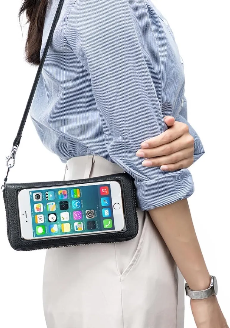 Crossbody Wallet Cell Phone Purse for Women Touch Screen Genuine Leather Mini Clear Rfid Blocking Bag
