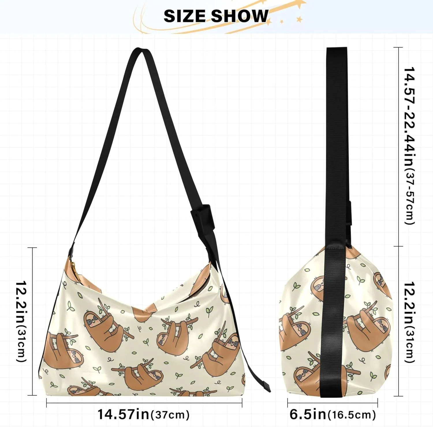 Cute Brown Sloth Beige Leather Hobo Handbags Women Large Purse Crossbody Art Animal Print Womens Fall Purses