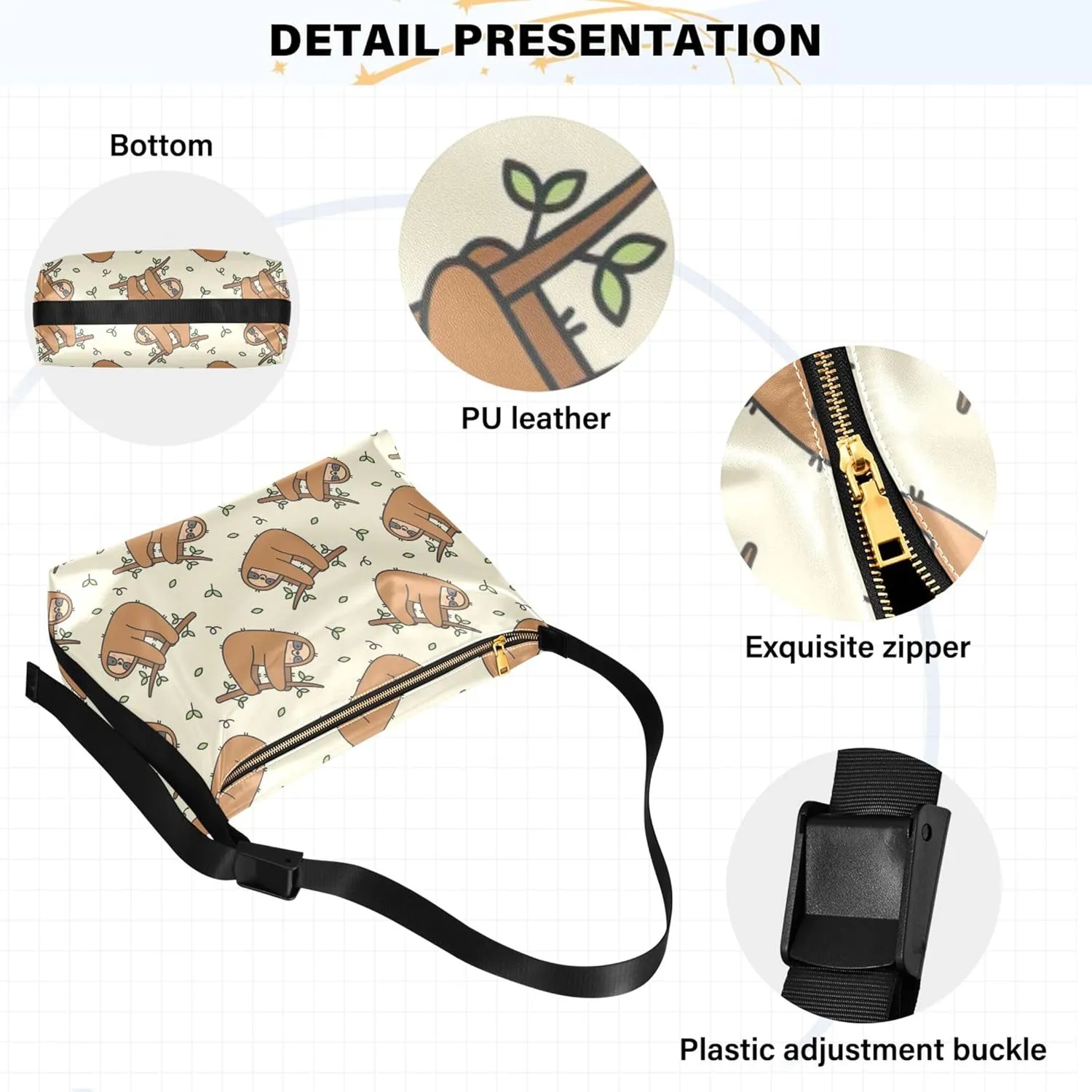 Cute Brown Sloth Beige Leather Hobo Handbags Women Large Purse Crossbody Art Animal Print Womens Fall Purses