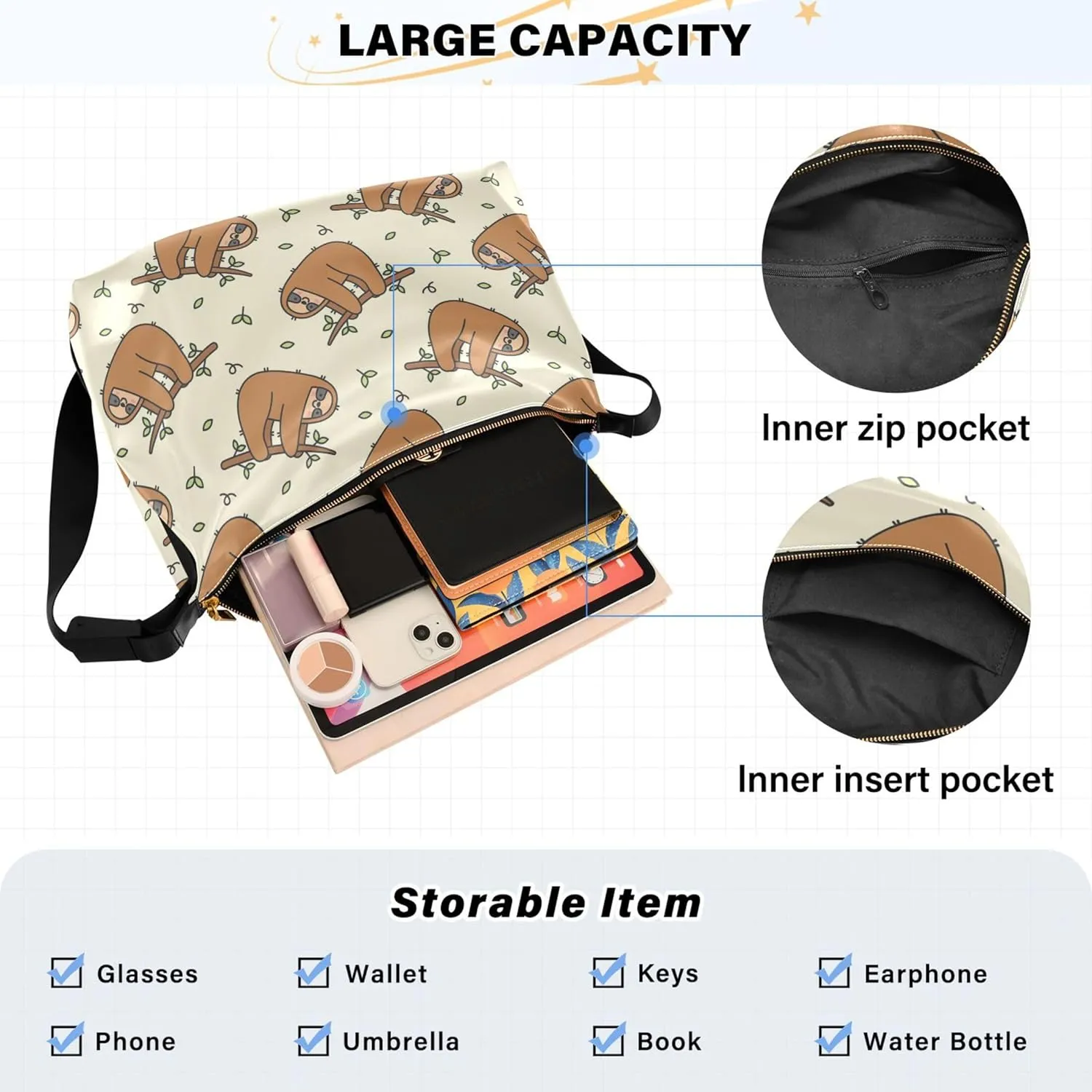Cute Brown Sloth Beige Leather Hobo Handbags Women Large Purse Crossbody Art Animal Print Womens Fall Purses
