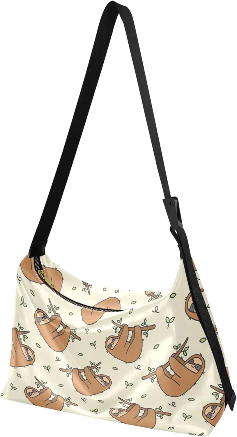 Cute Brown Sloth Beige Leather Hobo Handbags Women Large Purse Crossbody Art Animal Print Womens Fall Purses
