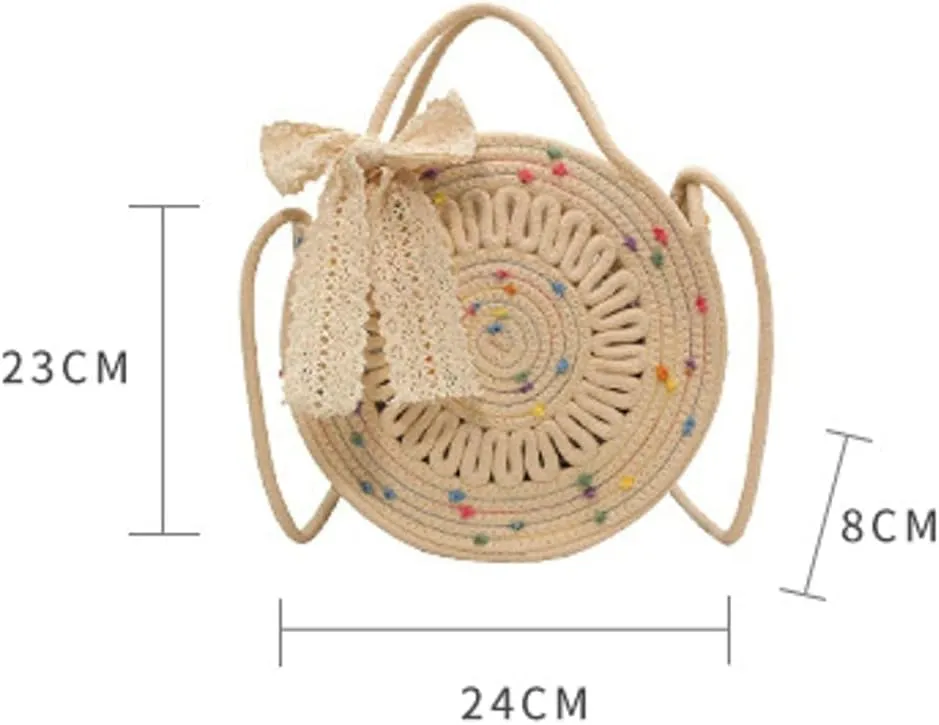 Cute Circle Straw Crossbody Bag Women’s Handwoven Shoulder Bag Satchel Purse with Bow Knot Spring Summer Beach Tote Bag
