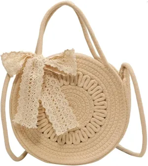 Cute Circle Straw Crossbody Bag Women’s Handwoven Shoulder Bag Satchel Purse with Bow Knot Spring Summer Beach Tote Bag