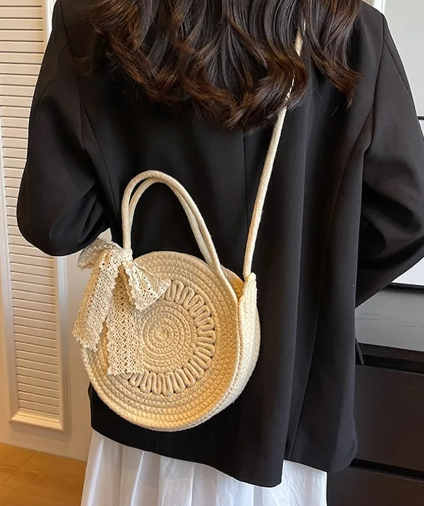 Cute Circle Straw Crossbody Bag Women’s Handwoven Shoulder Bag Satchel Purse with Bow Knot Spring Summer Beach Tote Bag