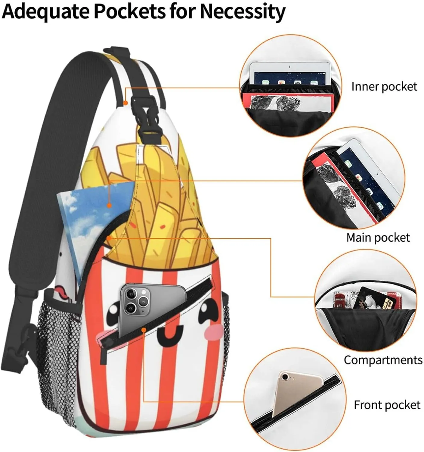 Cute French Fries Sling Backpack for Women Men, Chest Bag Daypack Crossbody for Travel Sport Running Hiking