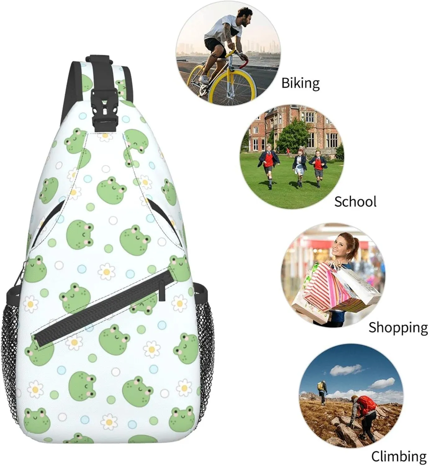 Cute Frog Sling Backpack Multipurpose Chest Bag Hiking Travel Daypack Crossbody Shoulder Bag Outdoor Unisex