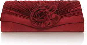 Damara Women's Satin Pleated Flower Front Evening Bag Clutch Handbag (Wine red)