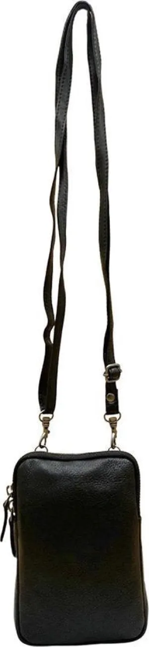 Dames Crossbody Telefoontasje met Portemonnee in Zwart Leer