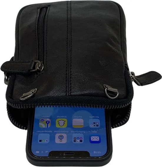 Dames Crossbody Telefoontasje met Portemonnee in Zwart Leer