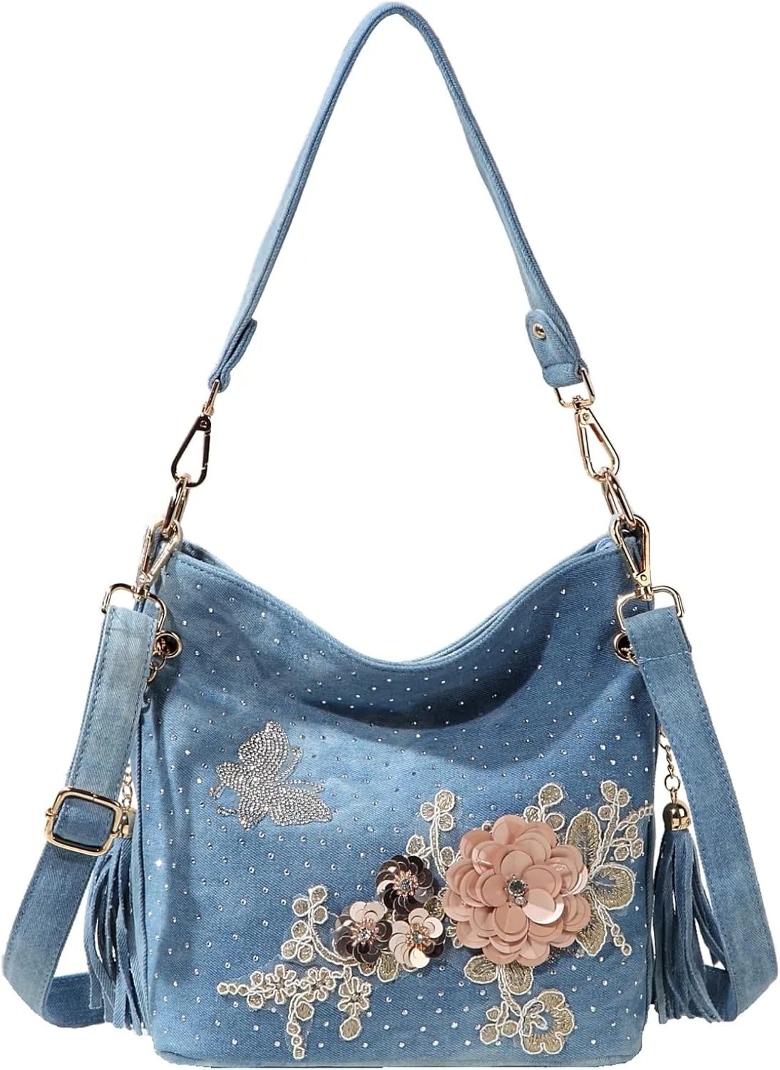 Denim Handbags for Women Top Handle Jean Purses and Handbags Denim Purse with Rhinestones