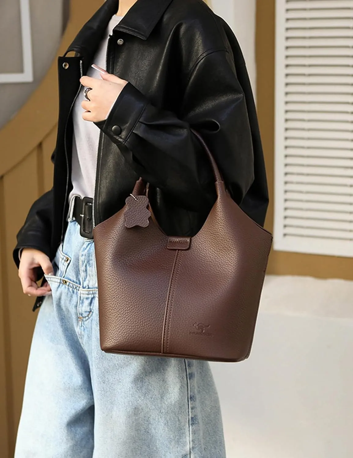Designer Real Genuine Leather Bucket Handbag For Women Crossbody Bags With Shoulder Strap For Women