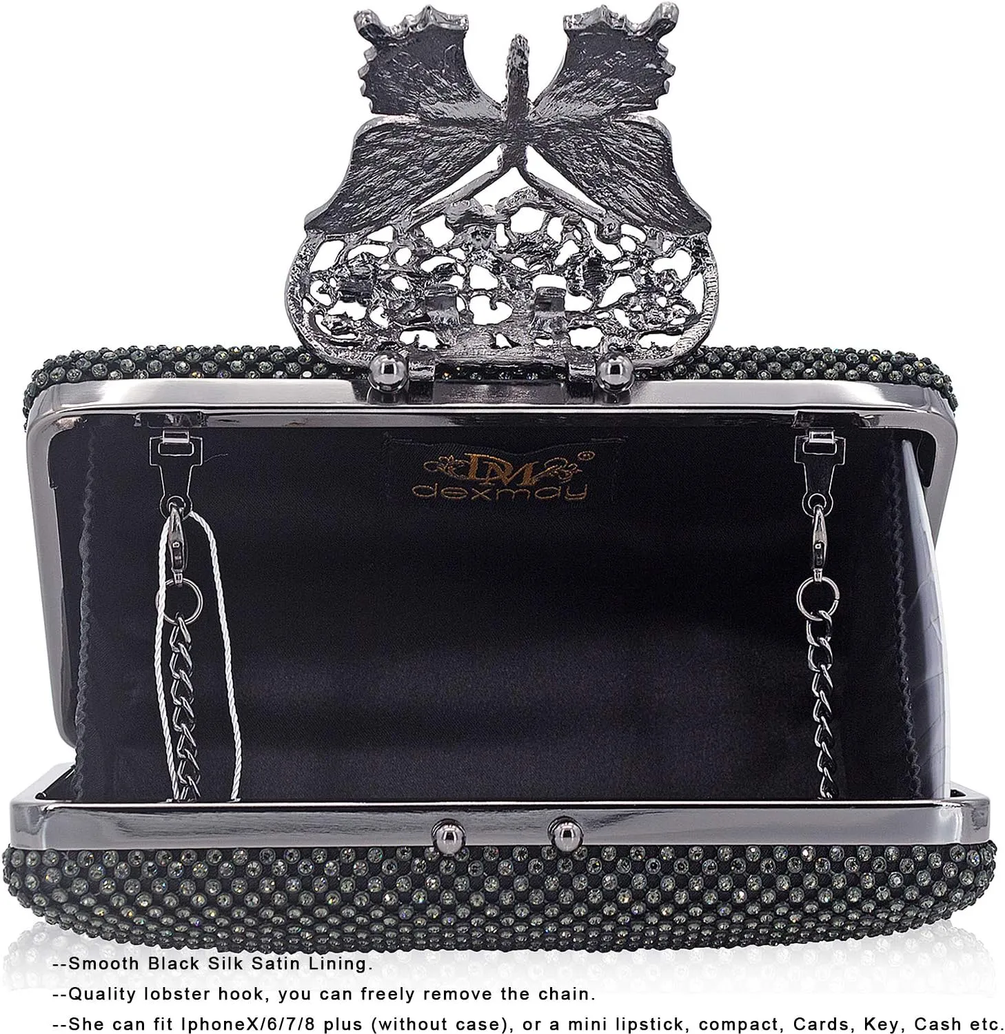 Dexmay Rhinestone Clutch Bag with Crystal Butterfly Clasp Women Evening Handbag Formal Party Purse