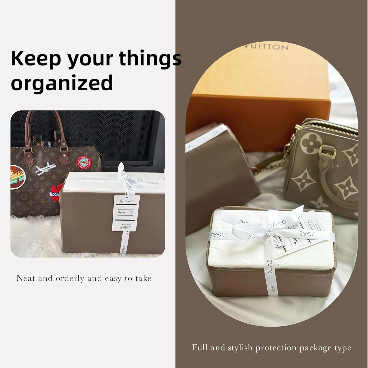 DGAZ Silk Purse Organizer Insert Fits LV Speedy 16/20/25/30/35/45 bags，Silky Smooth Bag Organizer，Luxury Handbag & Tote Shaper（Etoupe grey，SP30）