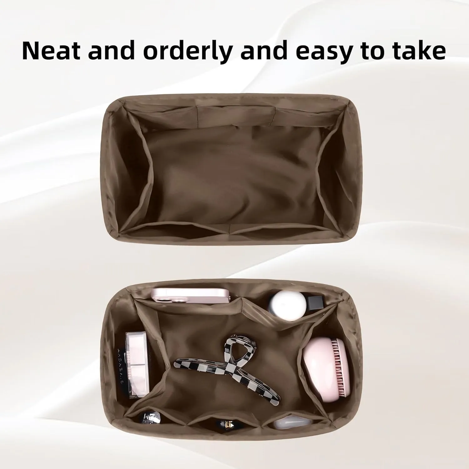 DGAZ Silk Purse Organizer Insert Fits LV Speedy 16/20/25/30/35/45 bags，Silky Smooth Bag Organizer，Luxury Handbag & Tote Shaper（Etoupe grey，SP30）
