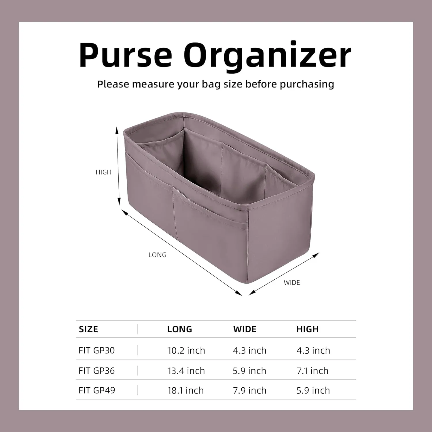 DGAZ Silky Purse Organizer Insert, Luxury Handbag & Tote Organizer, Simplicity bag organizer Fits Garden Party 30/36Bags（Konjac Purple，GP30）