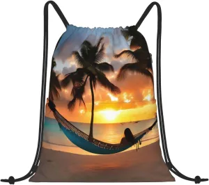 Drawstring Backpack for women,Versatile drawstring bag,Water-Resistant Cinch Bag,Gym sackpack-Coconut Beach Sunset Hammock