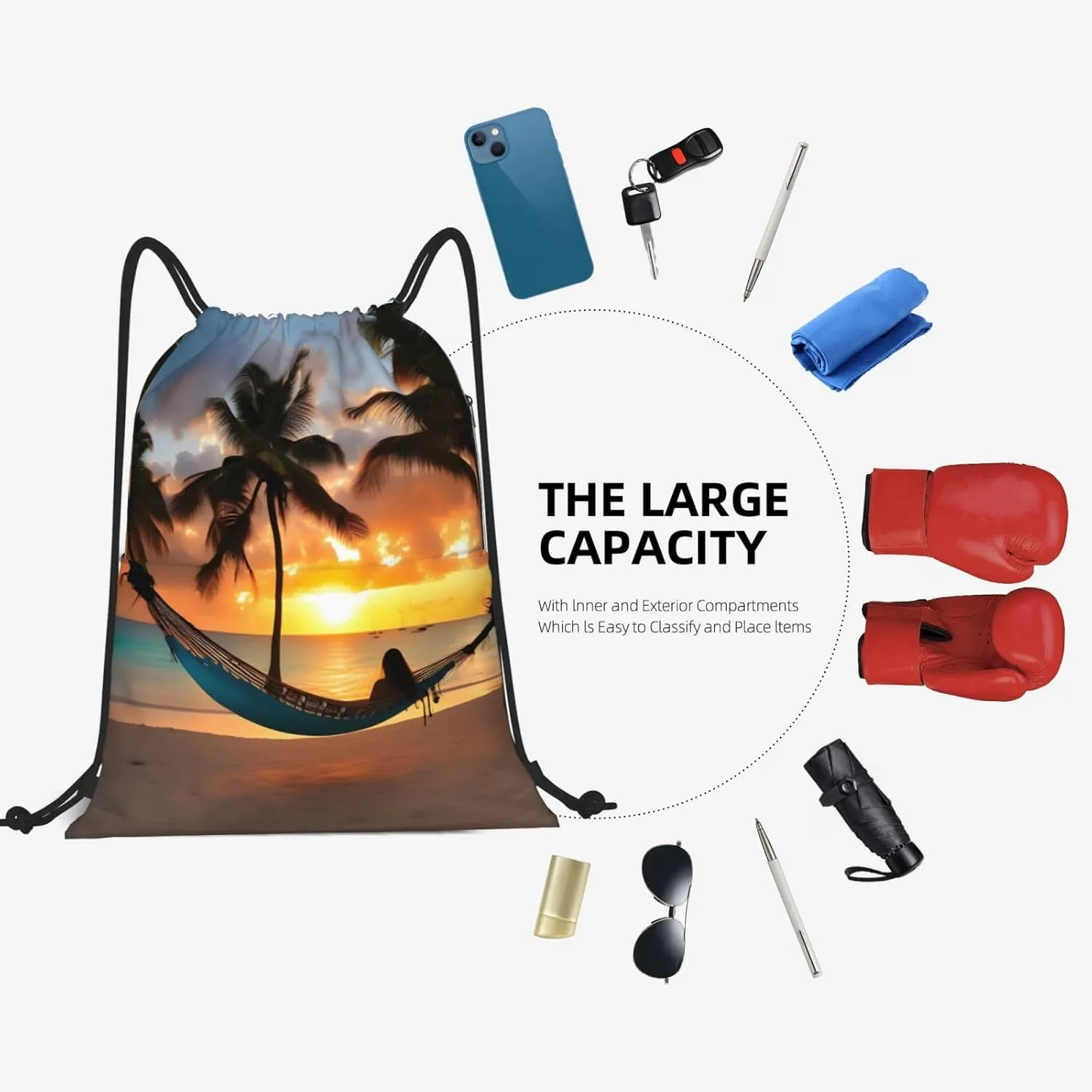 Drawstring Backpack for women,Versatile drawstring bag,Water-Resistant Cinch Bag,Gym sackpack-Coconut Beach Sunset Hammock
