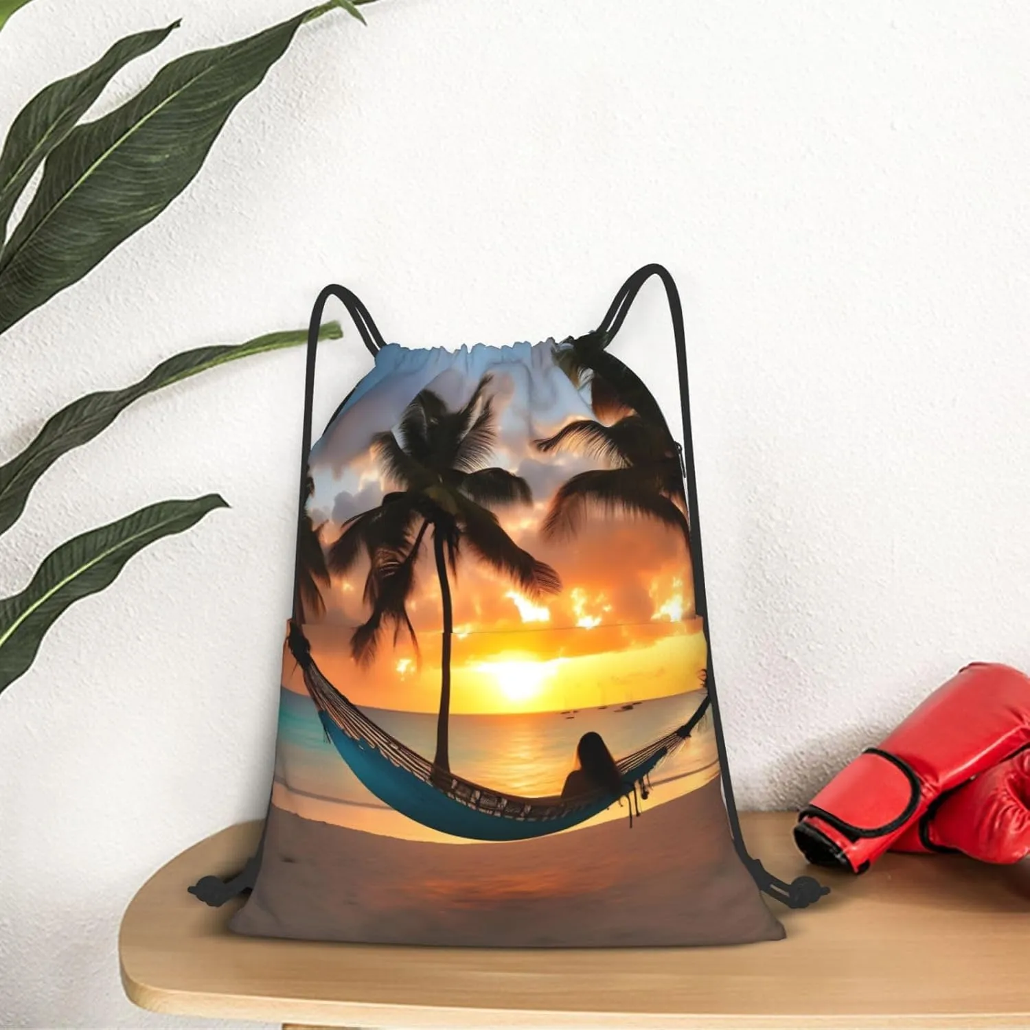 Drawstring Backpack for women,Versatile drawstring bag,Water-Resistant Cinch Bag,Gym sackpack-Coconut Beach Sunset Hammock