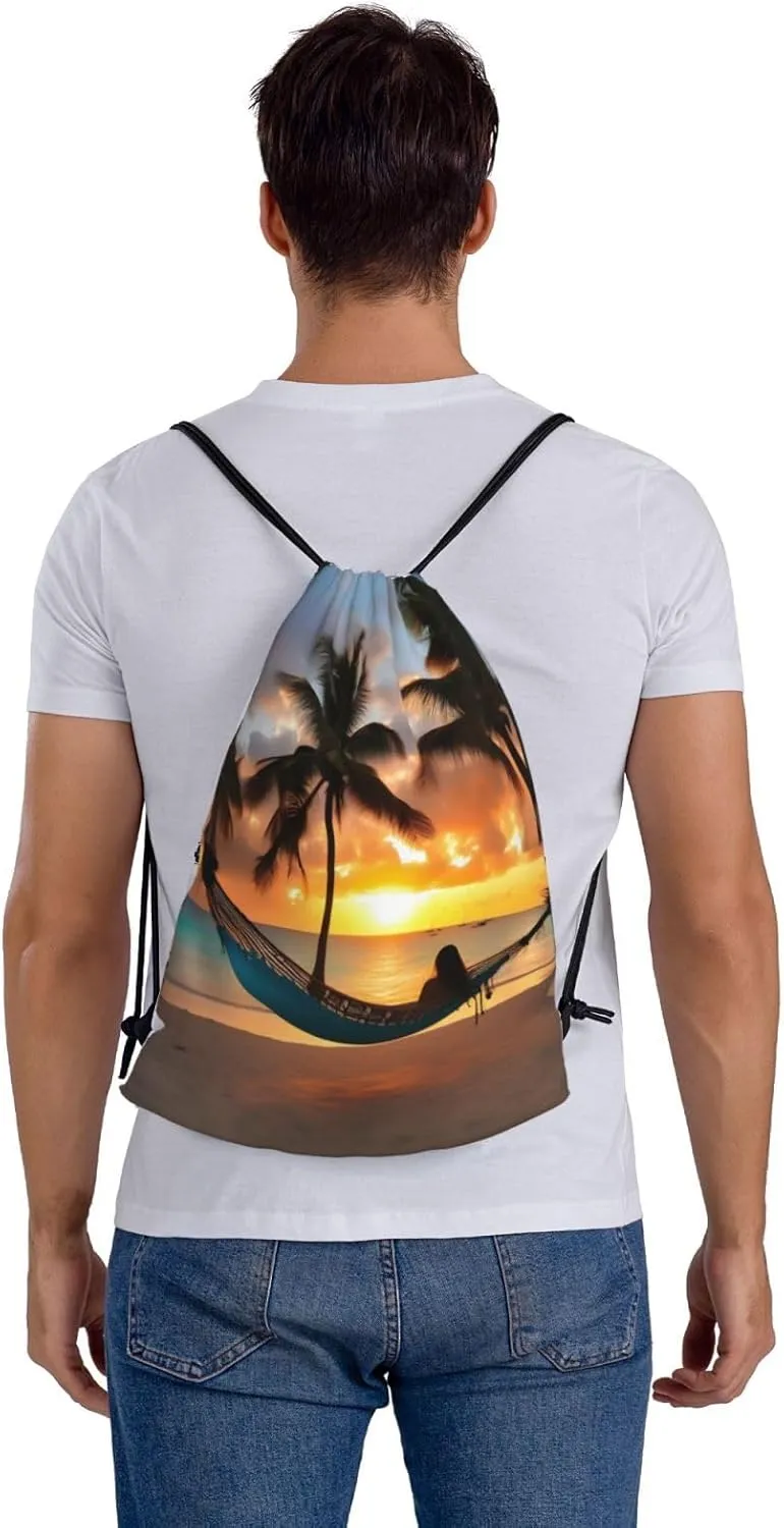 Drawstring Backpack for women,Versatile drawstring bag,Water-Resistant Cinch Bag,Gym sackpack-Coconut Beach Sunset Hammock