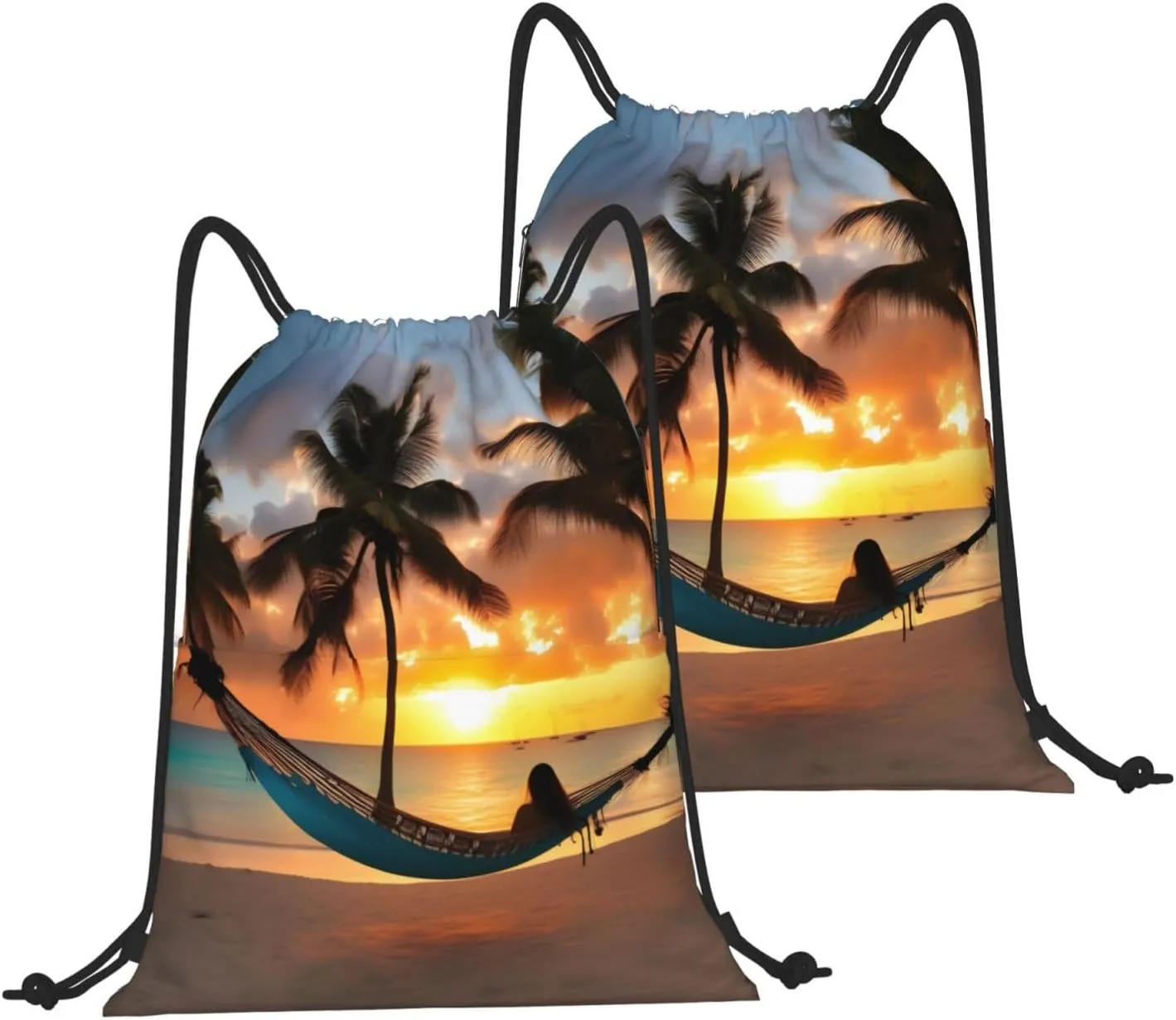 Drawstring Backpack for women,Versatile drawstring bag,Water-Resistant Cinch Bag,Gym sackpack-Coconut Beach Sunset Hammock