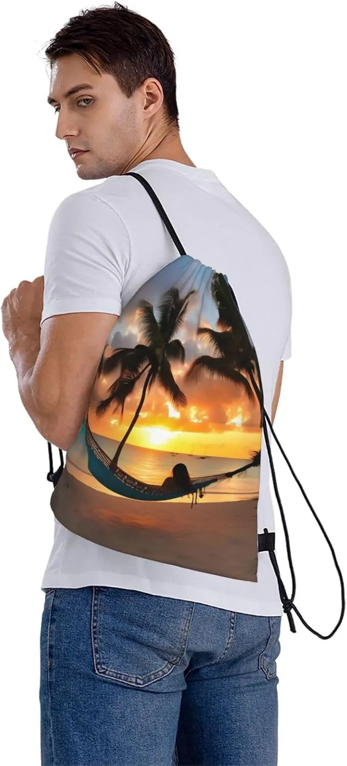 Drawstring Backpack for women,Versatile drawstring bag,Water-Resistant Cinch Bag,Gym sackpack-Coconut Beach Sunset Hammock