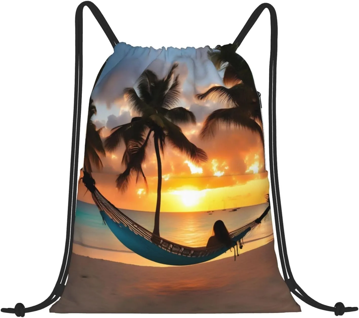 Drawstring Backpack for women,Versatile drawstring bag,Water-Resistant Cinch Bag,Gym sackpack-Coconut Beach Sunset Hammock