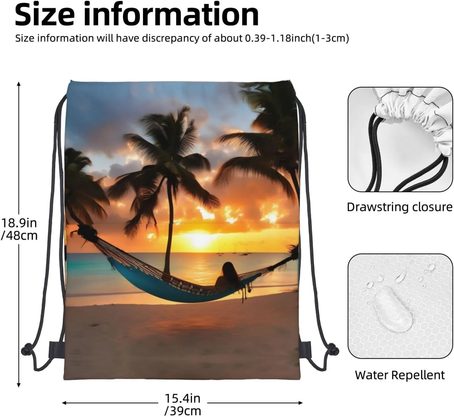 Drawstring Backpack for women,Versatile drawstring bag,Water-Resistant Cinch Bag,Gym sackpack-Coconut Beach Sunset Hammock