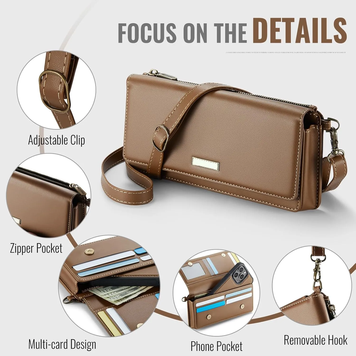 Dteck PU Leather Small Crossbody Bag with Shoulder Strap/Wrist Strap Lanyard for 4.7" to 6.7" Cell Phones, 8 Card Slots, RFID Blocking, Zipper Pocket, Magnetic Snap Closure, Purse for Women, Brown