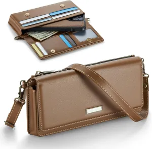 Dteck PU Leather Small Crossbody Bag with Shoulder Strap/Wrist Strap Lanyard for 4.7" to 6.7" Cell Phones, 8 Card Slots, RFID Blocking, Zipper Pocket, Magnetic Snap Closure, Purse for Women, Brown
