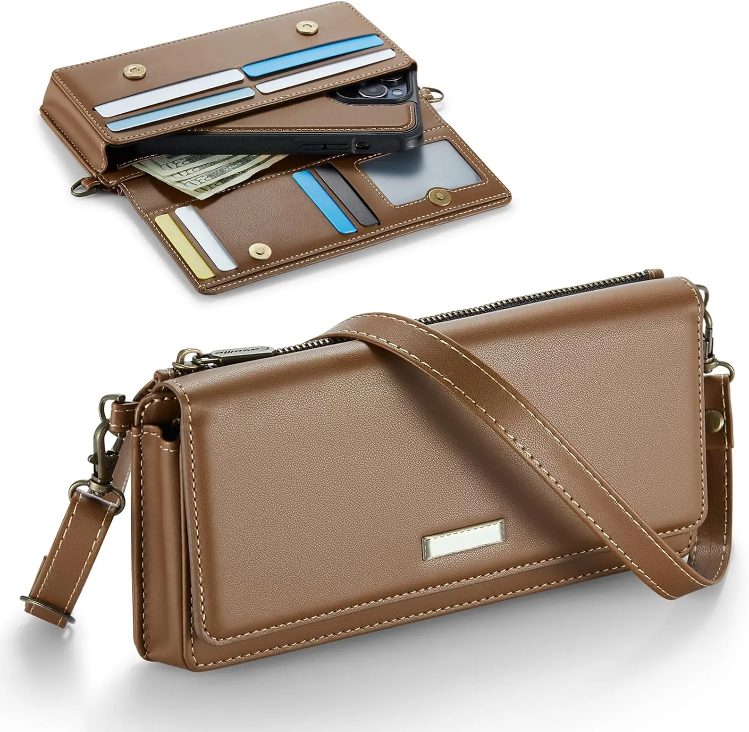 Dteck PU Leather Small Crossbody Bag with Shoulder Strap/Wrist Strap Lanyard for 4.7" to 6.7" Cell Phones, 8 Card Slots, RFID Blocking, Zipper Pocket, Magnetic Snap Closure, Purse for Women, Brown