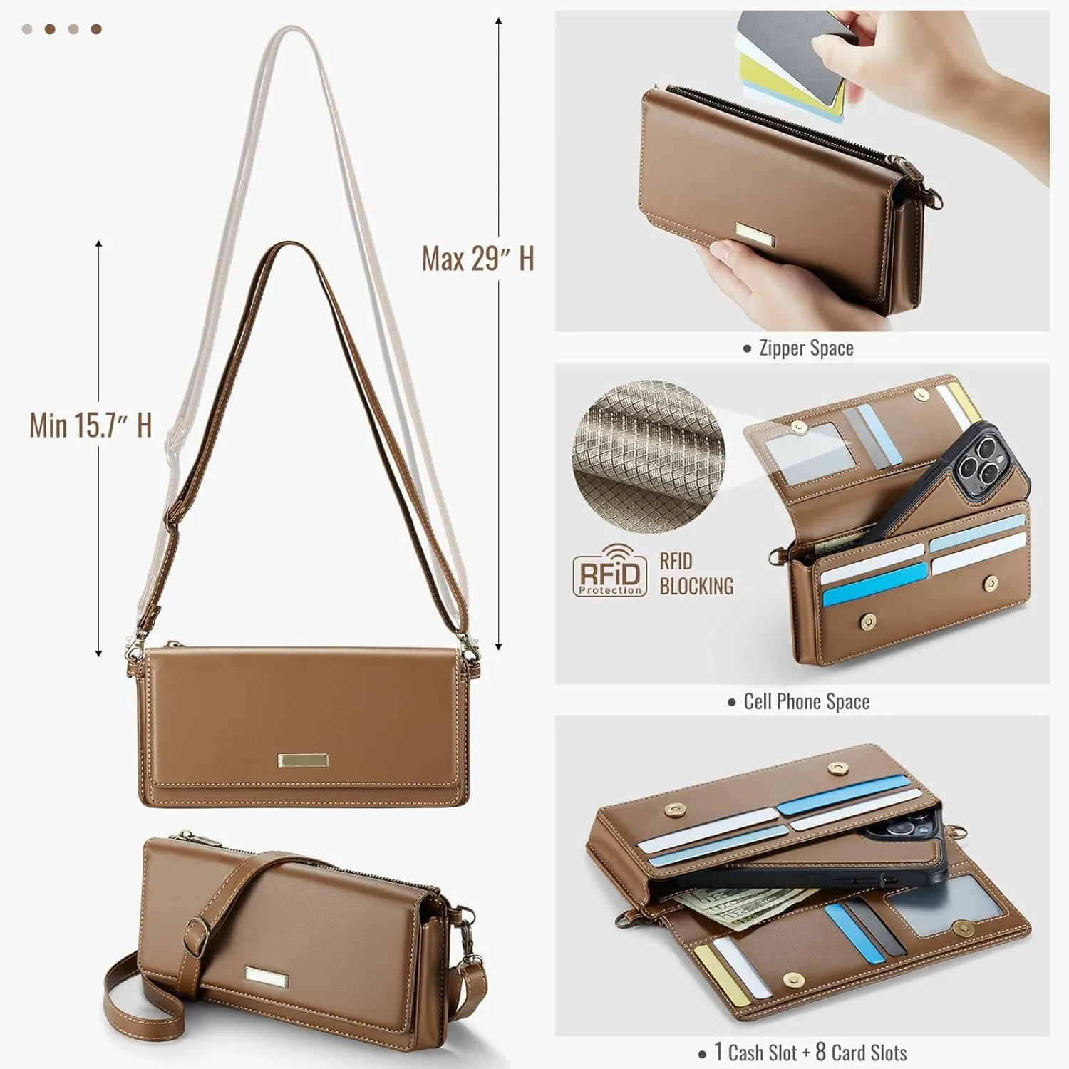 Dteck PU Leather Small Crossbody Bag with Shoulder Strap/Wrist Strap Lanyard for 4.7" to 6.7" Cell Phones, 8 Card Slots, RFID Blocking, Zipper Pocket, Magnetic Snap Closure, Purse for Women, Brown