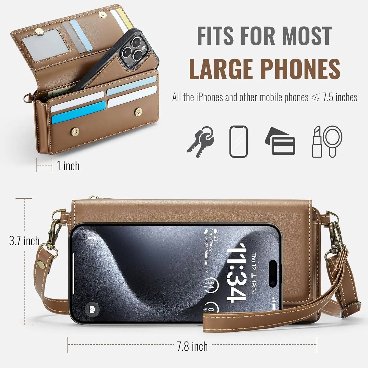 Dteck PU Leather Small Crossbody Bag with Shoulder Strap/Wrist Strap Lanyard for 4.7" to 6.7" Cell Phones, 8 Card Slots, RFID Blocking, Zipper Pocket, Magnetic Snap Closure, Purse for Women, Brown