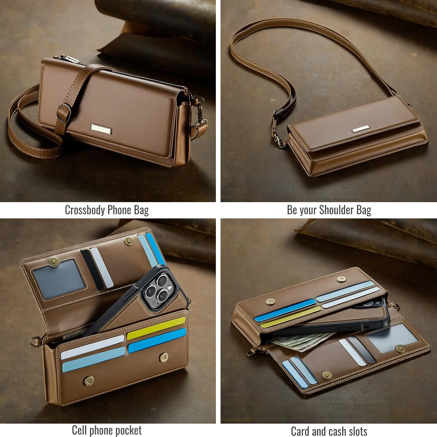 Dteck PU Leather Small Crossbody Bag with Shoulder Strap/Wrist Strap Lanyard for 4.7" to 6.7" Cell Phones, 8 Card Slots, RFID Blocking, Zipper Pocket, Magnetic Snap Closure, Purse for Women, Brown