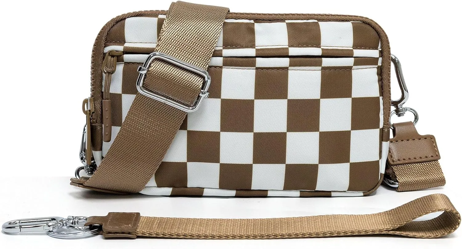 Dual Wristlet Wallets for Women,Checkered Crossbody Purse with 4 Zippers Large Nylon Wristlet Purse with ID Window