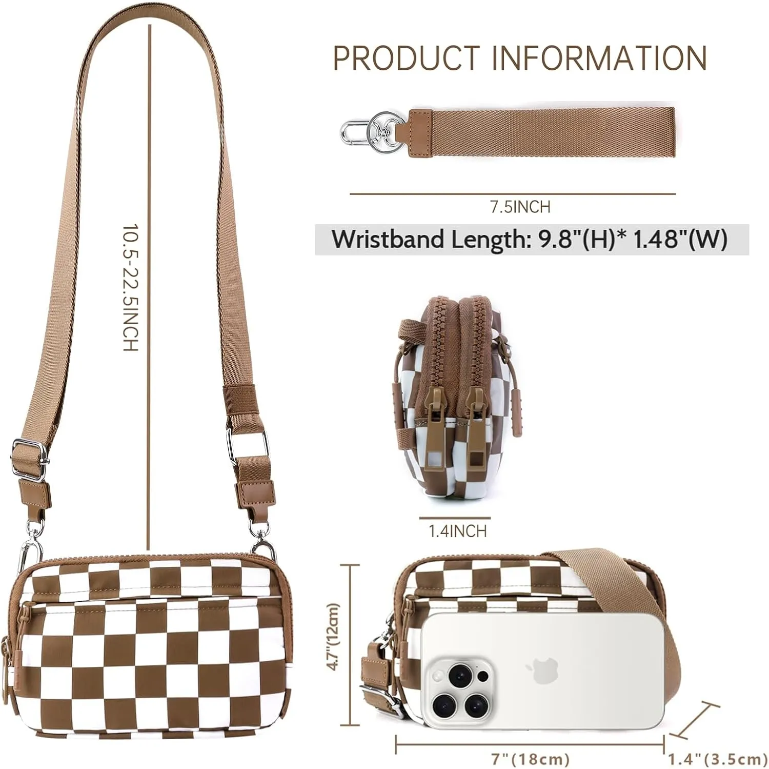 Dual Wristlet Wallets for Women,Checkered Crossbody Purse with 4 Zippers Large Nylon Wristlet Purse with ID Window