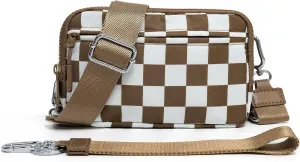 Dual Wristlet Wallets for Women,Checkered Crossbody Purse with 4 Zippers Large Nylon Wristlet Purse with ID Window
