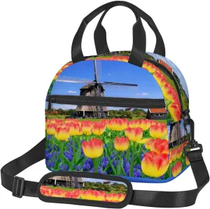 Dutch Windmill,Insulated Reusable Lunch Bag Adult Large Lunch Box for Women and Men,Spring Flowers with Dutch Windmill,Adjustable Shoulder Strap,Front Zipper Pocket,Multicolor